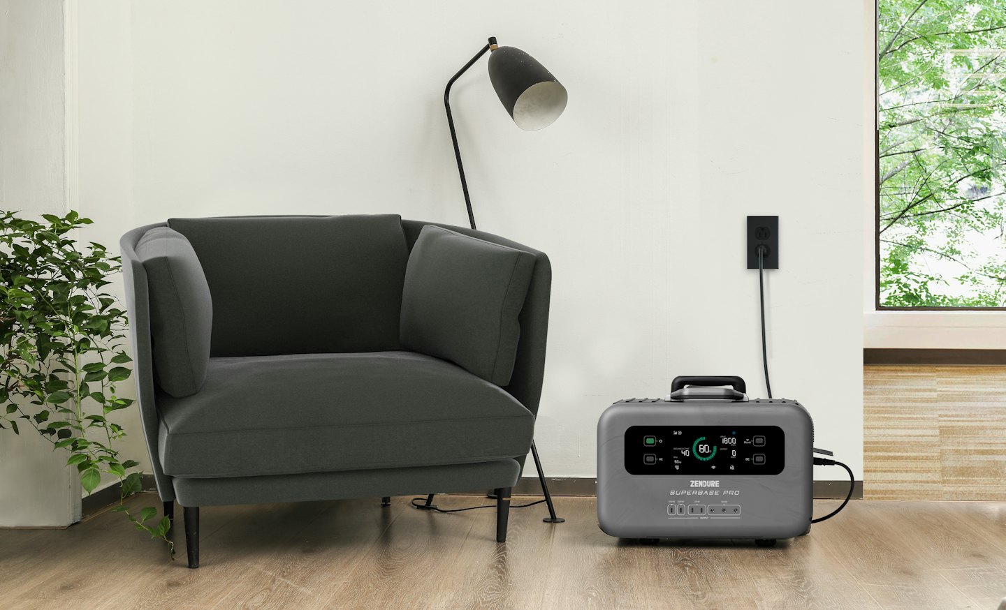 Portable power station charging on a wooden floor near a window.